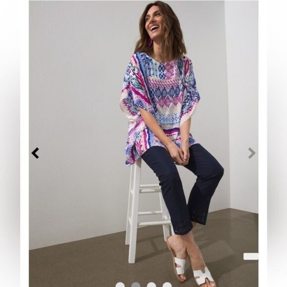 Chicos Multicolor Boho-Print Poncho Blouse With Kimono Sleeves S/M - Picture 2 of 9